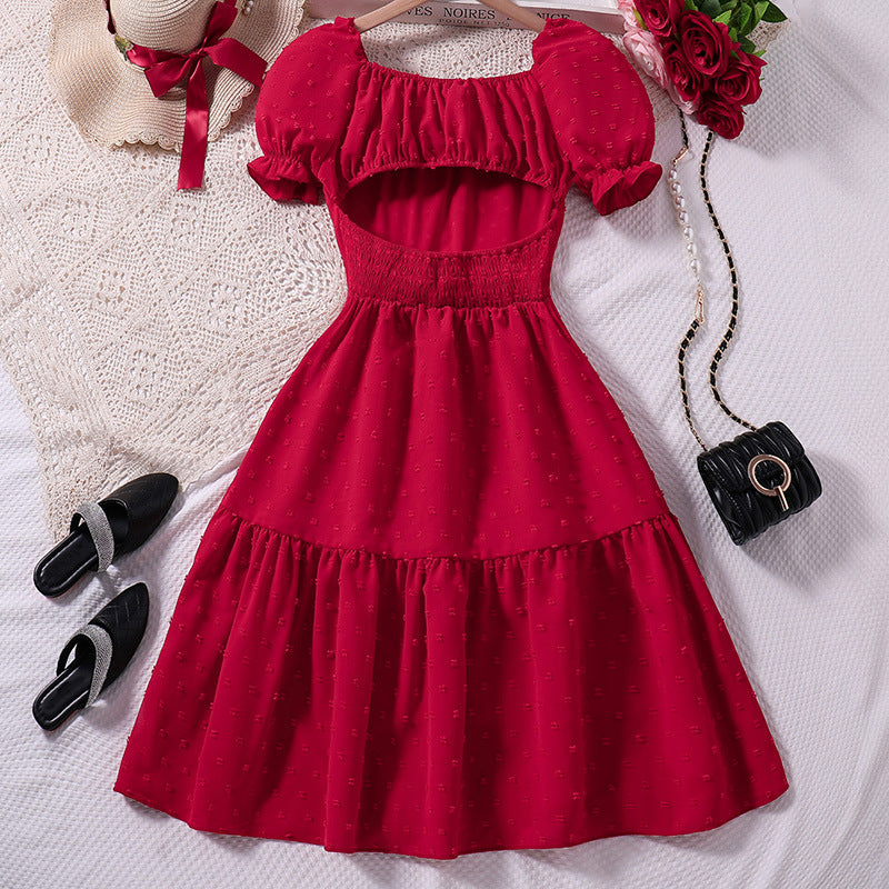 Red Girls Puff Sleeve Layered Fit & Flare Maxi Dress