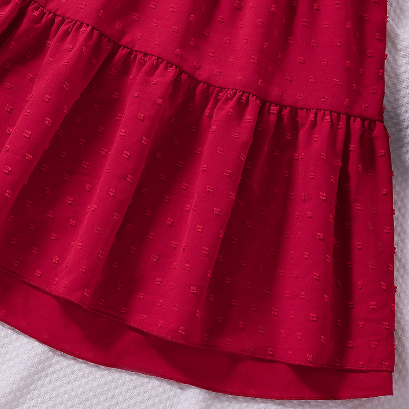 Red Girls Puff Sleeve Layered Fit & Flare Maxi Dress