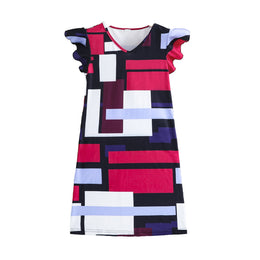 Pink Girls Geometric Printed V-Neck Flutter Sleevs A-Line Dress