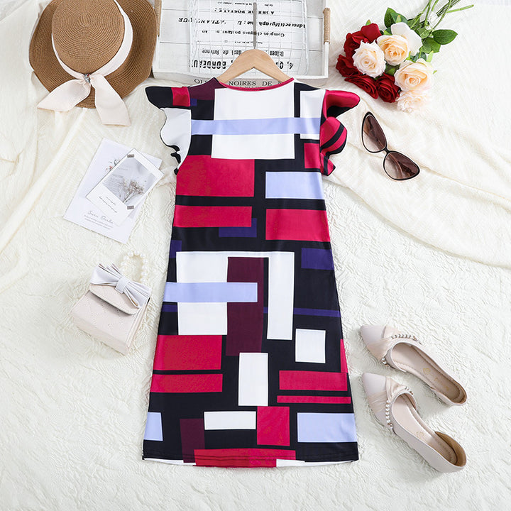 Pink Girls Geometric Printed V-Neck Flutter Sleevs A-Line Dress