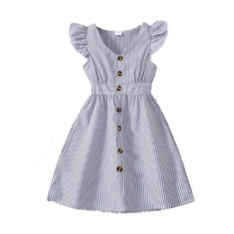 Girls Navy Blue Striped V-Neck Flutter Sleeve Fit & Flare Dress