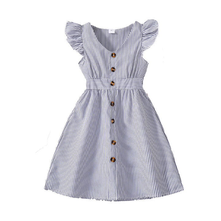 Girls Navy Blue Striped V-Neck Flutter Sleeve Fit & Flare Dress