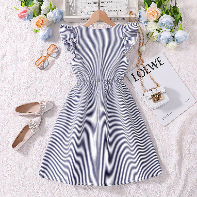 Girls Navy Blue Striped V-Neck Flutter Sleeve Fit & Flare Dress