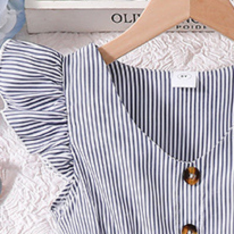 Girls Navy Blue Striped V-Neck Flutter Sleeve Fit & Flare Dress