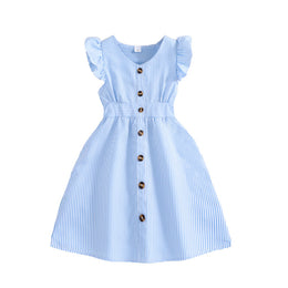 Girls Blue Striped Flutter Sleeves Fit & Flare Dress