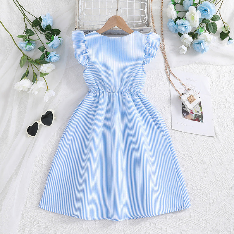 Girls Blue Striped Flutter Sleeves Fit & Flare Dress
