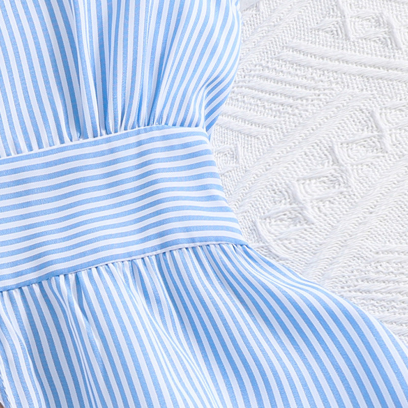 Girls Blue Striped Flutter Sleeves Fit & Flare Dress