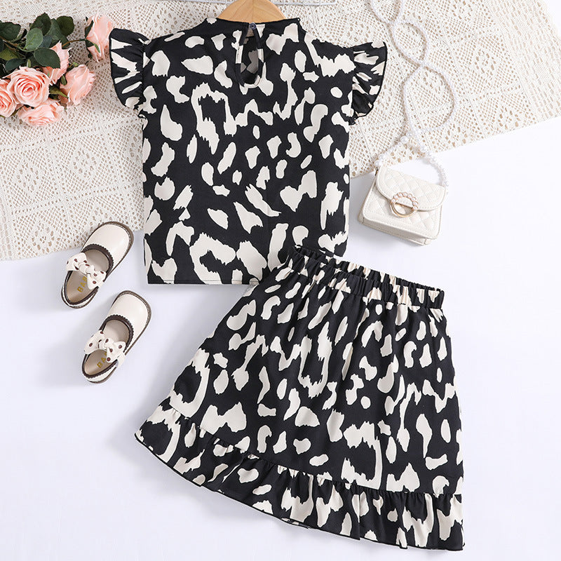 Girls Short Sleeves Printed Top with Skirt