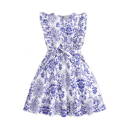 Girls Blue & White Floral Printed Fit & Flare Dress