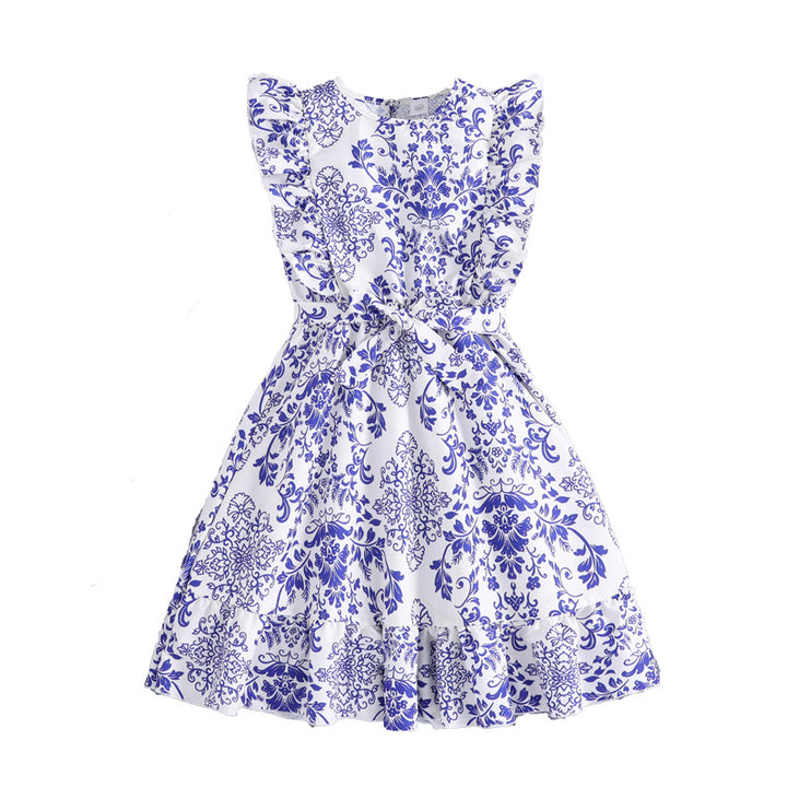 Girls Blue & White Floral Printed Fit & Flare Dress