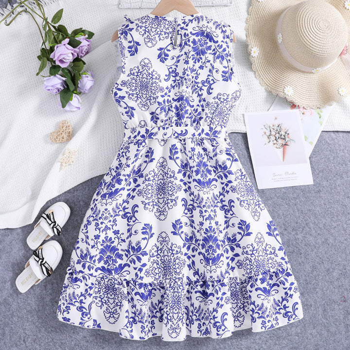 Girls Blue & White Floral Printed Fit & Flare Dress