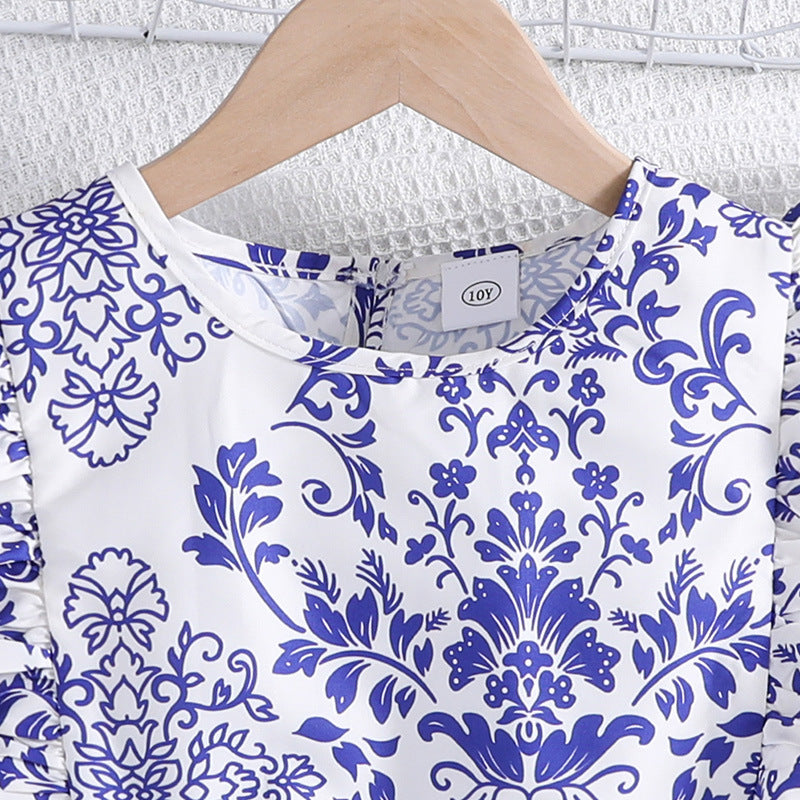 Girls Blue & White Floral Printed Fit & Flare Dress