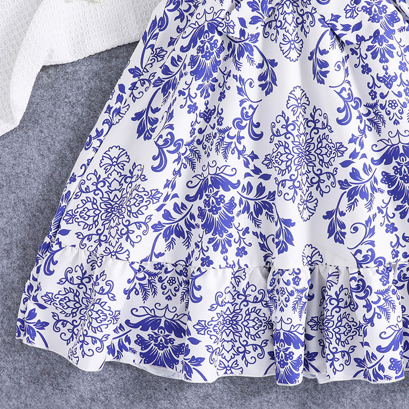 Girls Blue & White Floral Printed Fit & Flare Dress