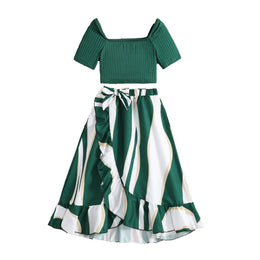 Girls Green & White Striped Top with Skirt