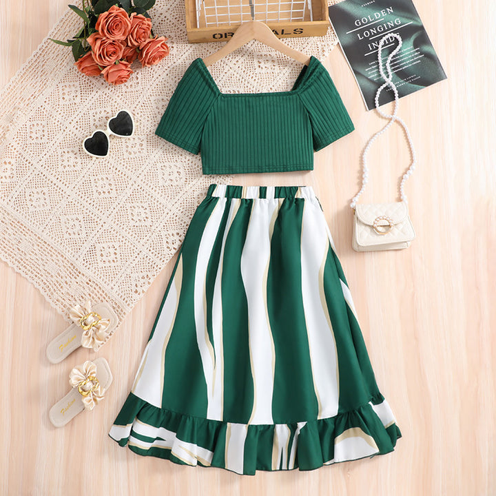 Girls Green & White Striped Top with Skirt