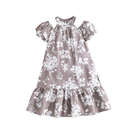 Keyhole Neck Short Puff Sleeves Floral Print A-Line Dress