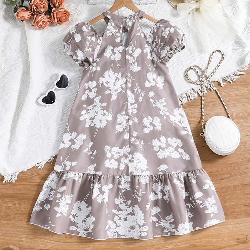 Keyhole Neck Short Puff Sleeves Floral Print A-Line Dress