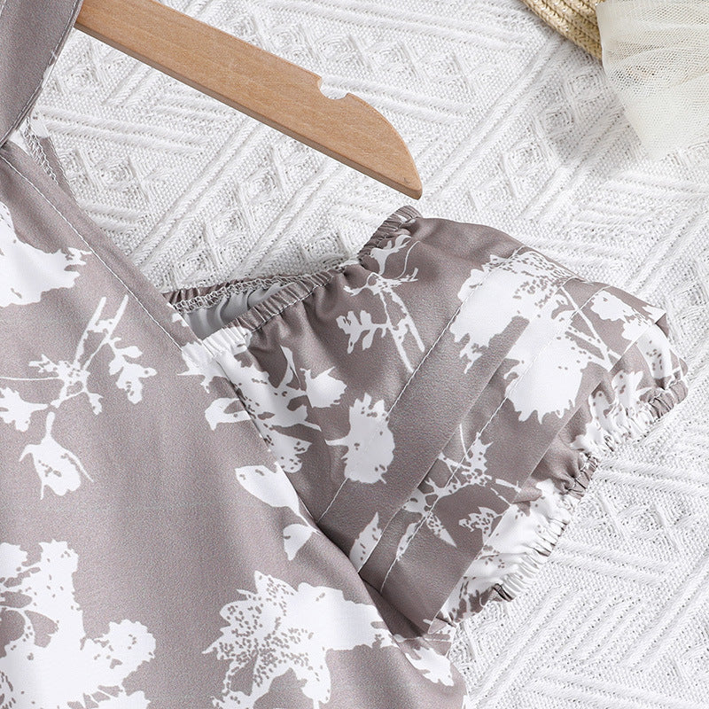 Keyhole Neck Short Puff Sleeves Floral Print A-Line Dress