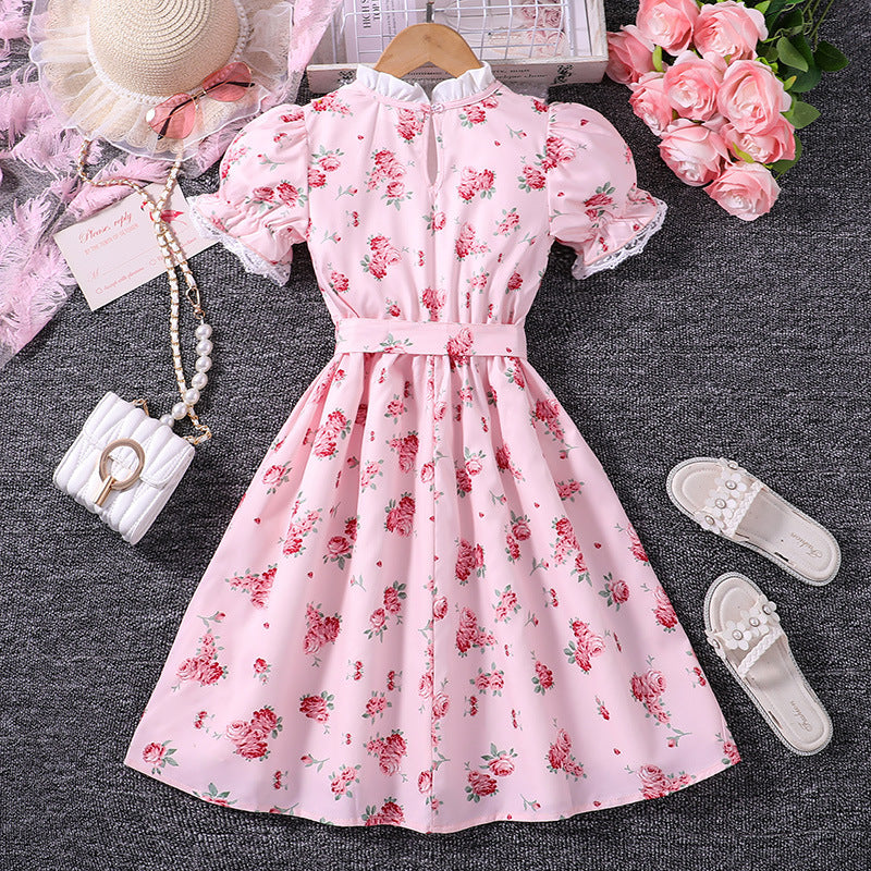 Girls Floral Printed Puff Sleeves Fit & Flare Dress