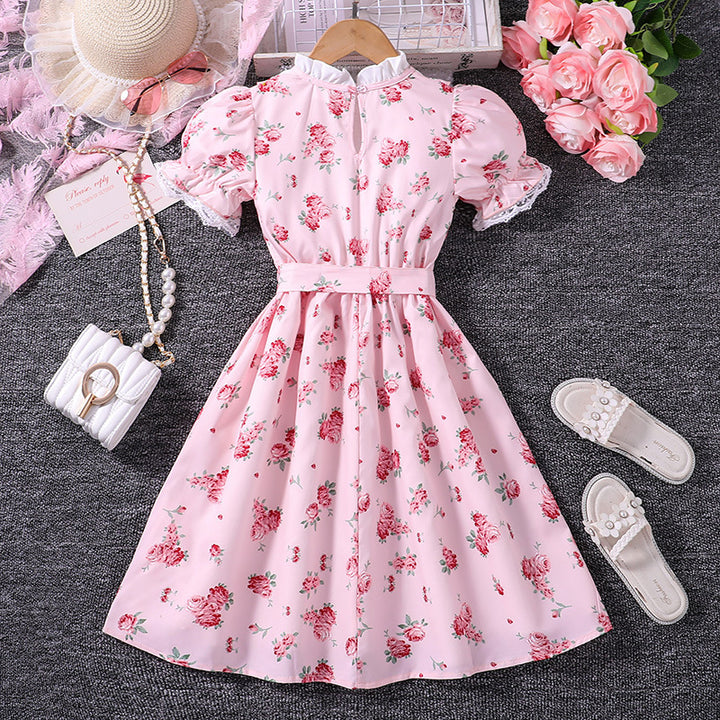 Girls Floral Printed Puff Sleeves Fit & Flare Dress
