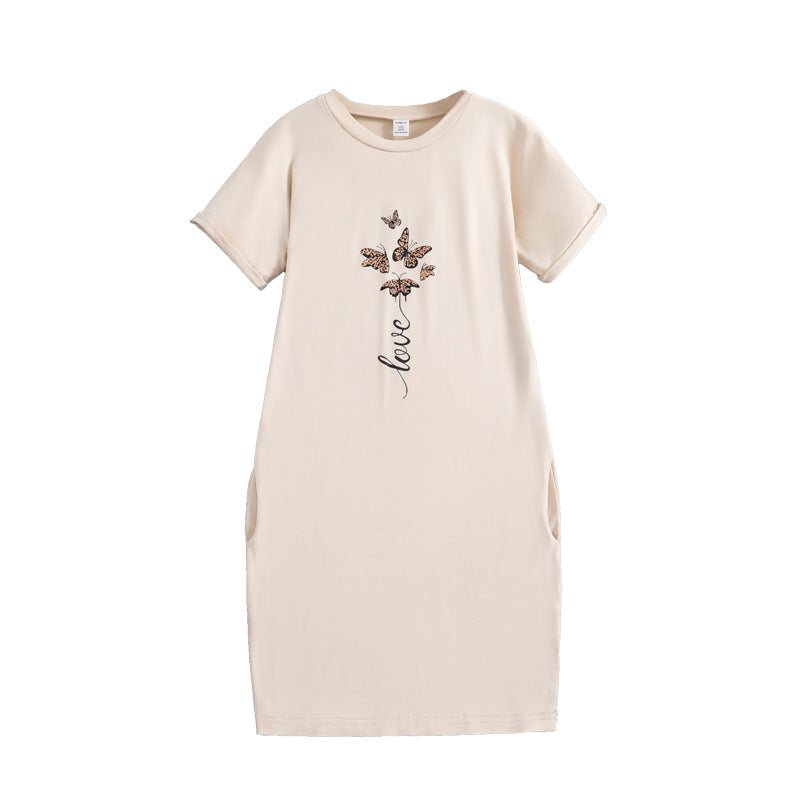 Girls Round Neck Short Sleeves A-Line Dress Embellished T-shirt Dress
