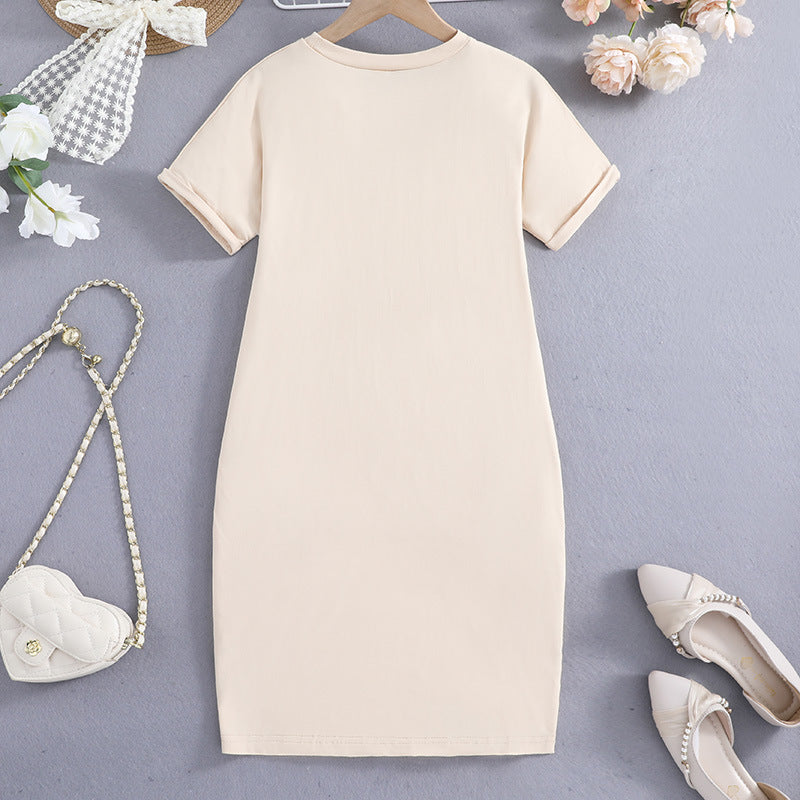 Girls Round Neck Short Sleeves A-Line Dress Embellished T-shirt Dress