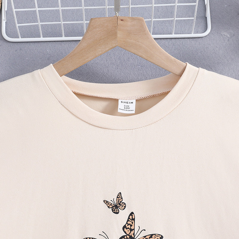 Girls Round Neck Short Sleeves A-Line Dress Embellished T-shirt Dress