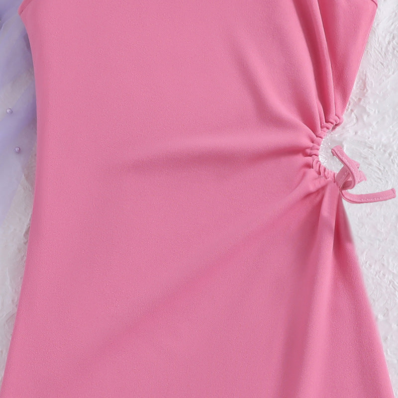 Girls Pink One Shoulder A-Line Dress
