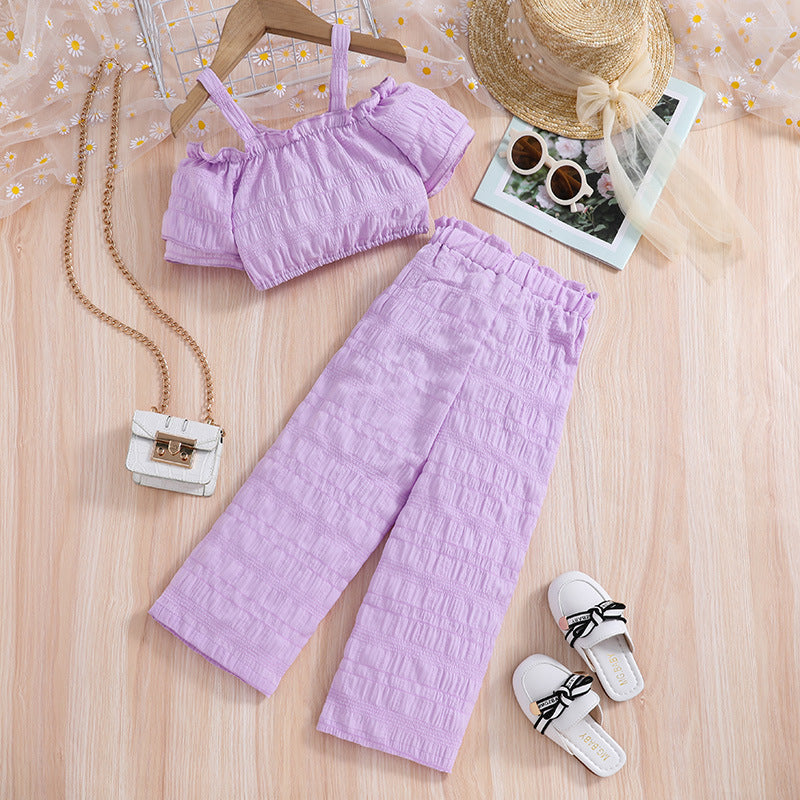 Girls Short Sleeves Shoulder Straps Top with Leggings