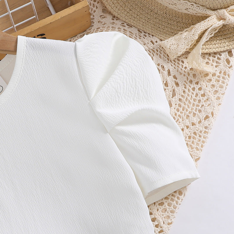 Girls White Flutter Sleeve Top with Skirt