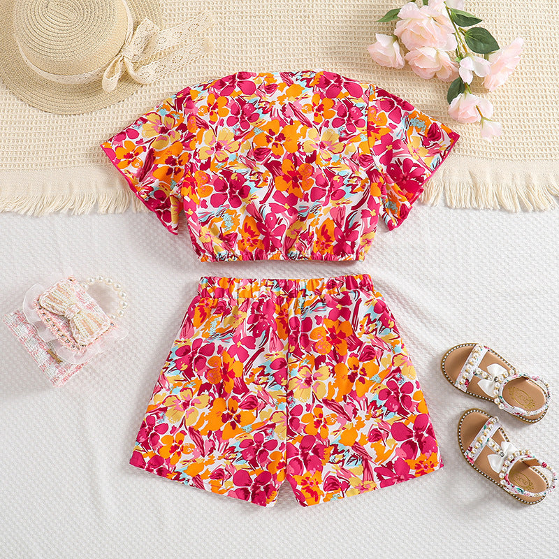 Orange Girls Printed Top with Shorts