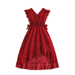 Red Girls Polka Dot Printed V-Neck Smocked Detail Maxi Dress