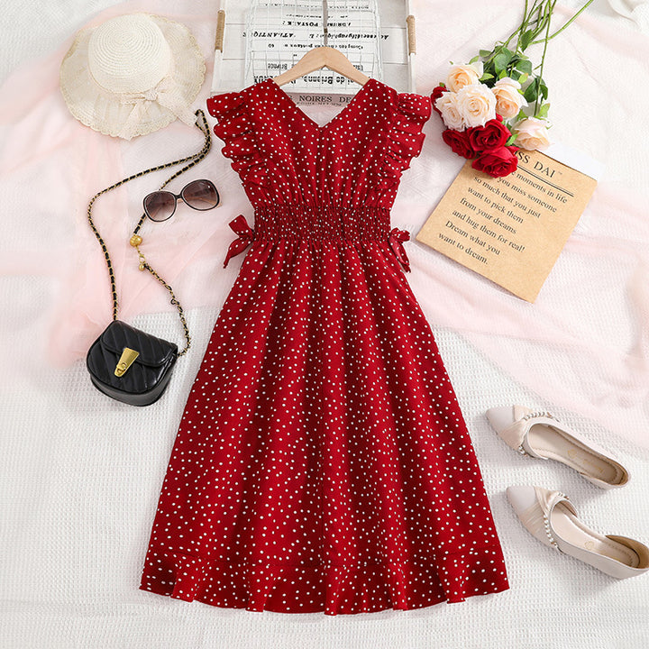 Red Girls Polka Dot Printed V-Neck Smocked Detail Maxi Dress