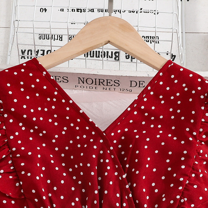 Red Girls Polka Dot Printed V-Neck Smocked Detail Maxi Dress