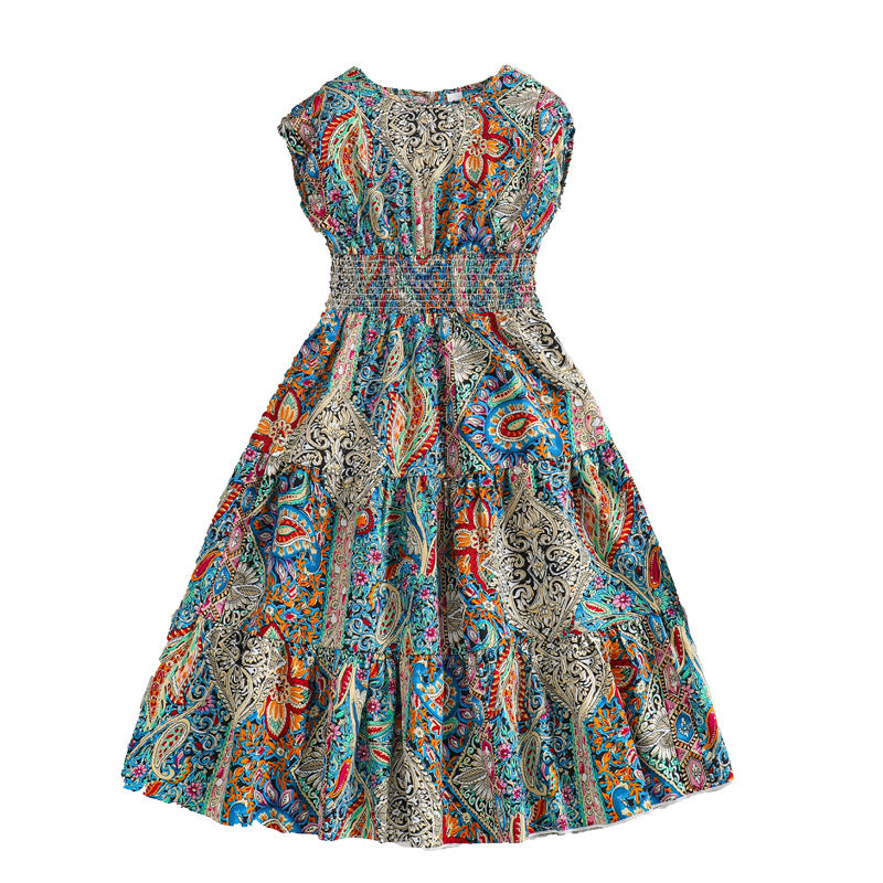 Girls Grey Ethnic Motifs Printed Smocked Tiered Maxi Dress
