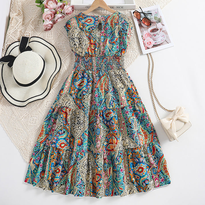 Girls Grey Ethnic Motifs Printed Smocked Tiered Maxi Dress