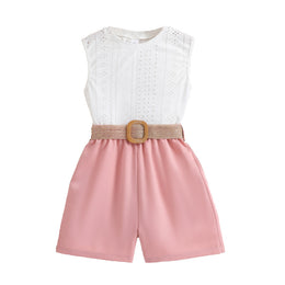 Girls White & Pink Self Design Sleeveless Top with Shorts