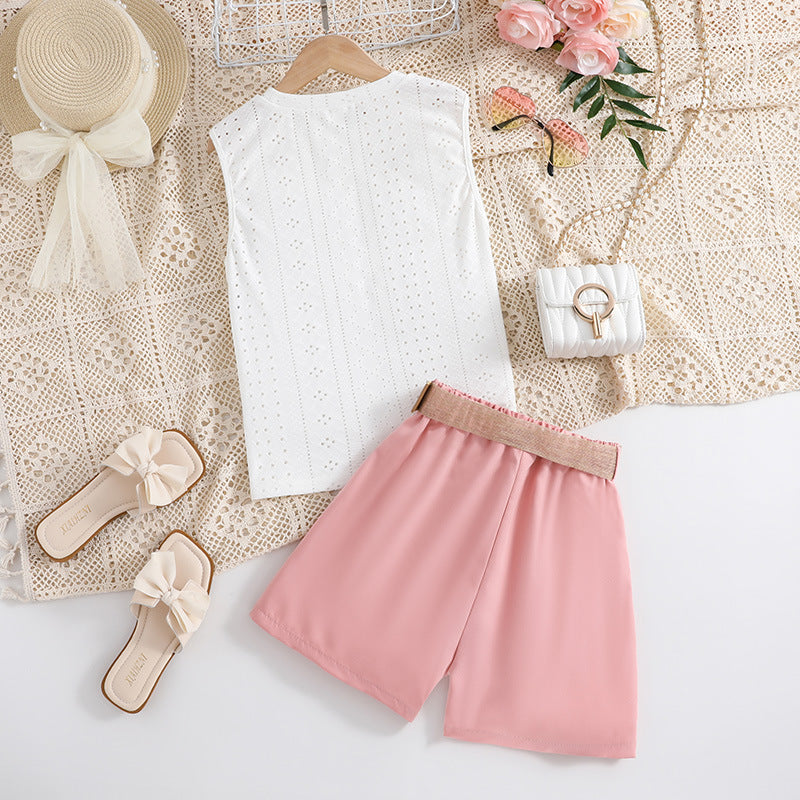 Girls White & Pink Self Design Sleeveless Top with Shorts