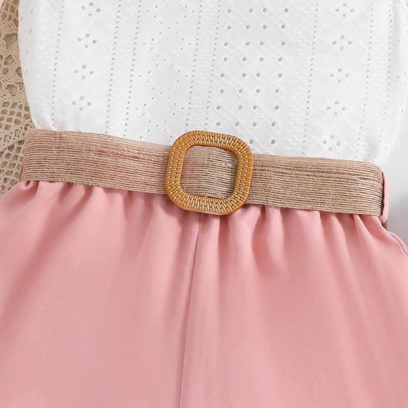Girls White & Pink Self Design Sleeveless Top with Shorts