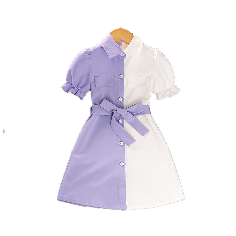 Girls Purple Colourblocked Puff Sleeves Shirt Dress