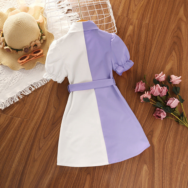 Girls Purple Colourblocked Puff Sleeves Shirt Dress