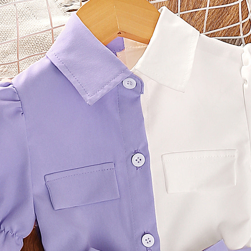 Girls Purple Colourblocked Puff Sleeves Shirt Dress
