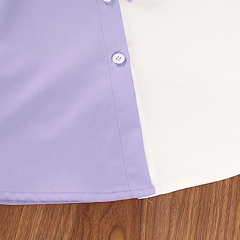 Girls Purple Colourblocked Puff Sleeves Shirt Dress