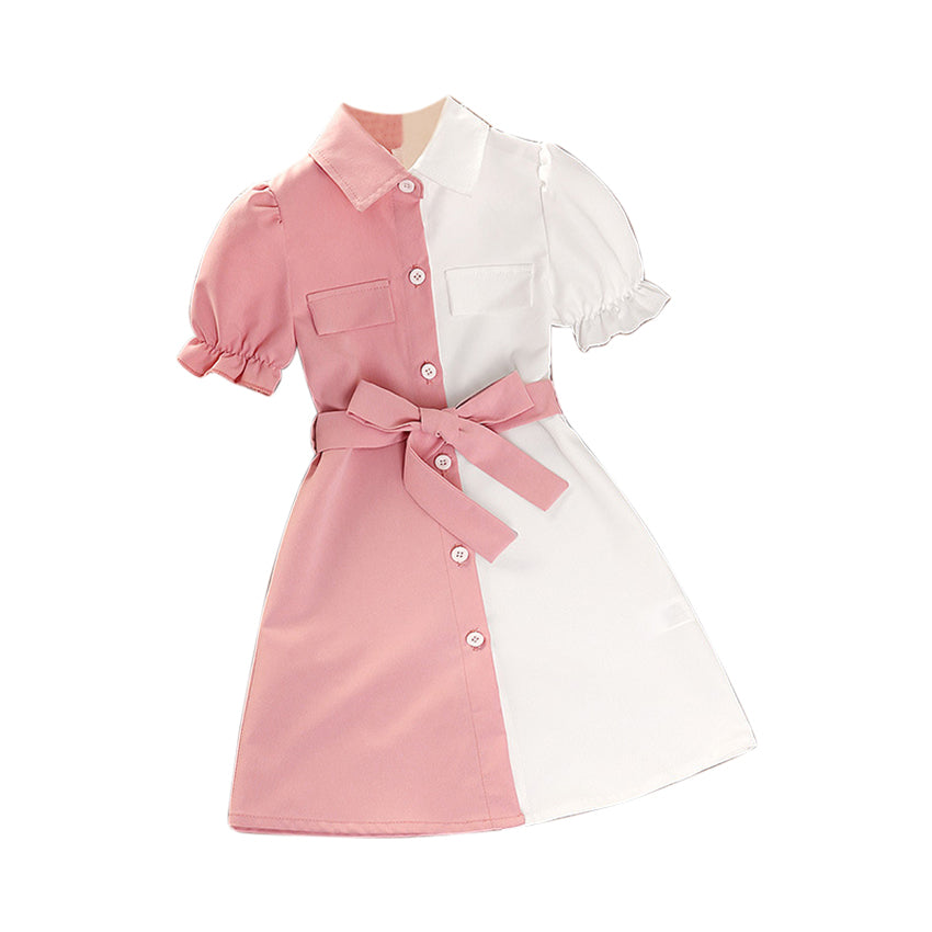 Girls Pink Colourblocked Puff Sleeve Shirt Midi Dress