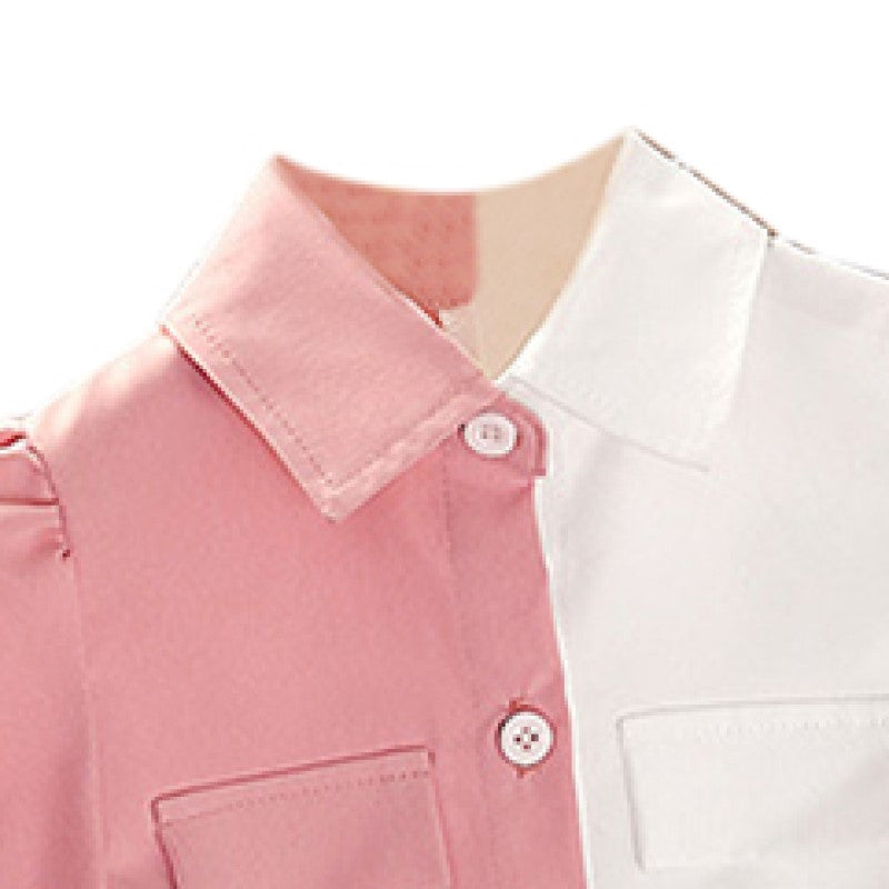 Girls Pink Colourblocked Puff Sleeve Shirt Midi Dress