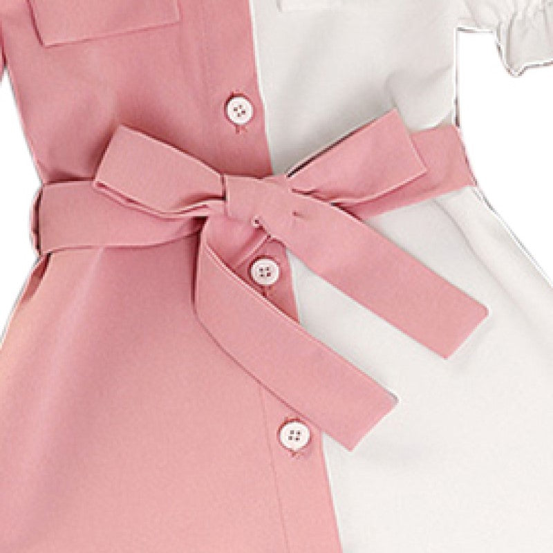 Girls Pink Colourblocked Puff Sleeve Shirt Midi Dress