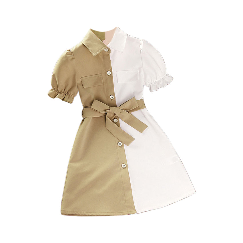 Girls Khaki Colourblocked Puff Sleeve Shirt Style Midi Dress