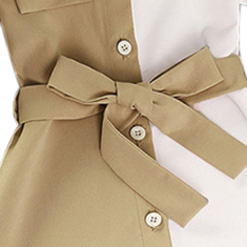 Girls Khaki Colourblocked Puff Sleeve Shirt Style Midi Dress