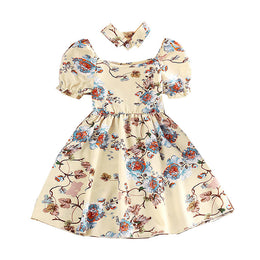 Girls Beige & Blue Floral Print Puff Sleeves Fit & Flare Dress