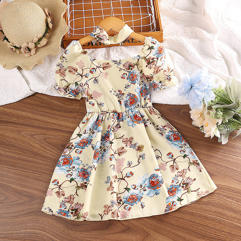 Girls Beige & Blue Floral Print Puff Sleeves Fit & Flare Dress
